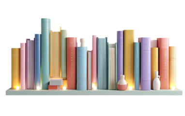 Floating bookshelf with pastel books and small LED lights creating modern and stylish home interior isolated on transparent background PNG