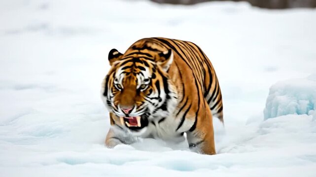 Saber-toothed tiger emerging from ancient ice, majestic predator.