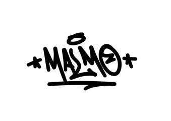 textured sprayed graffiti tagging letter MALMO city name isolated design in black