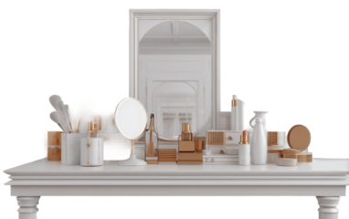 Minimal aesthetic vanity setup featuring mirror and makeup products designed for modern personal care space isolated on transparent background PNG