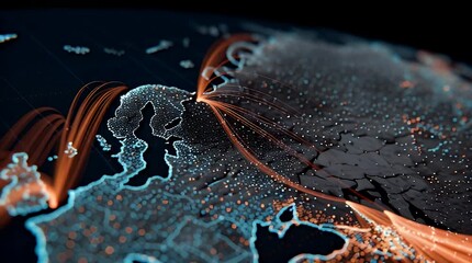 Global interconnectedness visualized with glowing lines connecting continents and cities on a digital map - Powered by Adobe