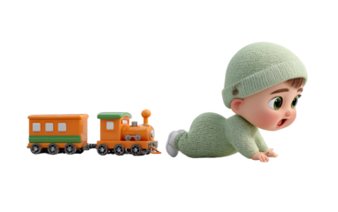 Playful cartoon baby crawling toward colorful toy train expressing excitement movement and discovery isolated on transparent background PNG