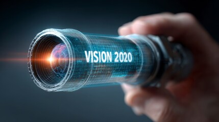 A hand holds a futuristic telescope labeled "VISION 2020," peering at a glowing orb. The device and the scene have digital effects