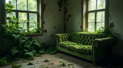 Fototapeta premium Abandoned room with green couch and plants growing through it