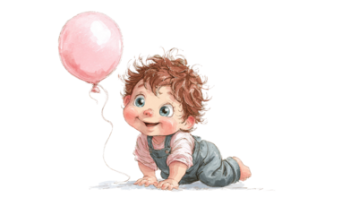 Cute cartoon baby illustration crawling with colorful balloon expressing fun curiosity and cheerful mood isolated on transparent background PNG
