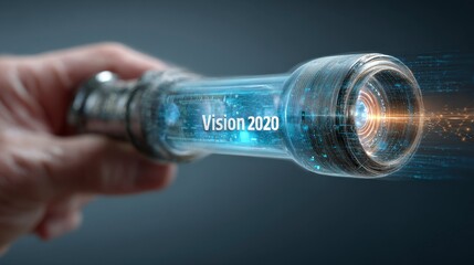 Close-up of a hand holding a digital, futuristic telescope, with the text "Vision 2020" inscribed within. Focus is on the telescope's light emission