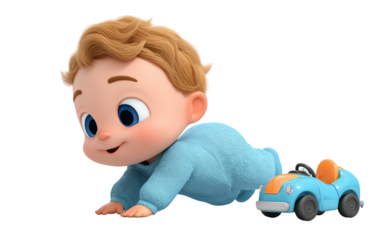 Playful cartoon baby crawling toward colorful toy car expressing excitement and cheerful mood isolated on transparent background PNG