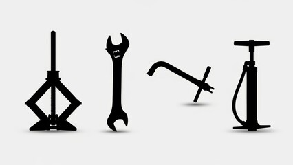 Car Repair Tools Silhouette: Jack, Wrench, Tire Lever, Air Pump