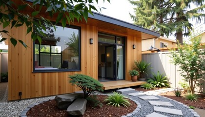 Accessory dwelling unit. Modern wooden house with a landscaped garden and stone pathway leading to the entrance.