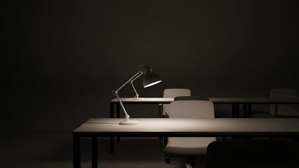 Minimal dark office workspace with desk lamp and empty chairs