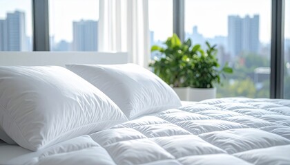 Close-up of a pristine, white bed with fluffy pillows and a quilted comforter, overlooking city