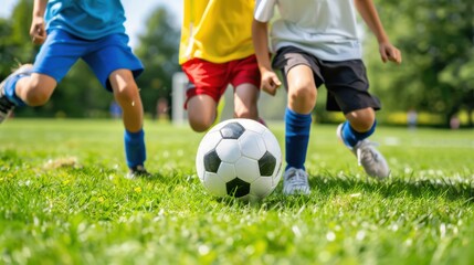 Young Athletes Kicking Soccer Ball on Lush Green Field, Dynamic Low Angle View of Youth Football Game