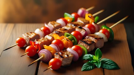 shish kebab on skewers with vegetables