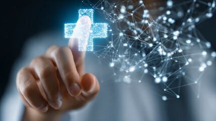 Close-up of a hand interacting with a glowing, digital cross symbol overlaid on a blurred background