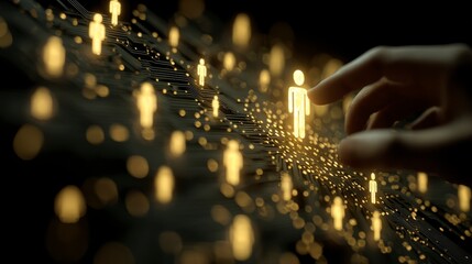A hand touches a glowing humanoid figure amongst a network of illuminated connections, symbolizing human connection and the digital world