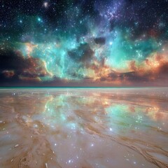 Starry Night Beach Landscape With Reflection