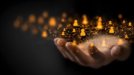 A hand reaching out holds a glowing digital representation of connected individuals, like a circuit board. It's on a dark background