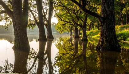 Tall trees in calm water with their reflections visible