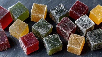 Assortment of colorful fruit jellies coated with fine granulated sugar are scattered on dark stone
