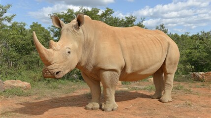 Large rhinoceros stands solidly on reddish earth under a bright sky with scattered clouds