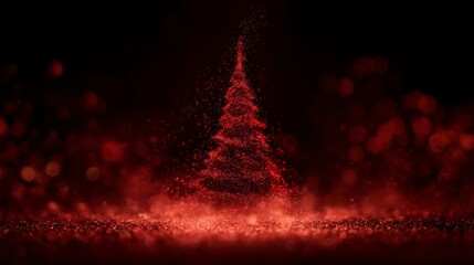 A vibrant, red, abstract Christmas tree comprised of sparkling particles set against a dark background with blurred bokeh