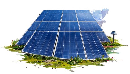 Illustration of a solar panel array in a garden setting, utilizing renewable energy. The panels are on a slight incline