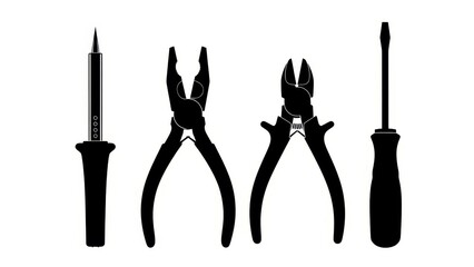 Set of black silhouette tools: screwdriver, pliers, wire cutters, and soldering iron on white background.