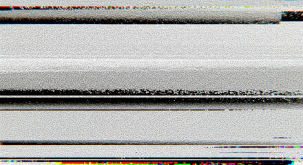Distorted static noise pattern fills the screen with black and white grains with horizontal interference lines and a rainbow colored line at the bottom.