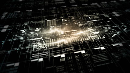 A high-tech digital grid with glowing data streams, abstract connections, and futuristic interface elements representing network systems, cybersecurity, and advanced technology.