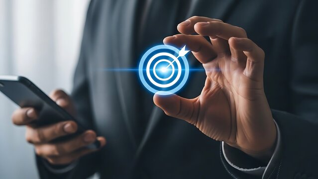 A person holding a smartphone in one hand and displaying a holographic target icon with their other hand in a professional setting with a blurred background.