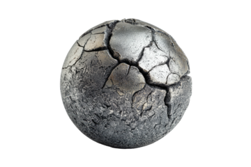 Cracked sphere, silver tone, textured surface on black ground