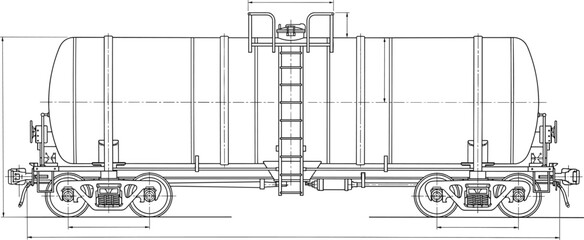 Technical blueprint drawing of a tank railcar with detailed measurements, ladder, cylindrical tank, wheels, and structural components used for liquid transport