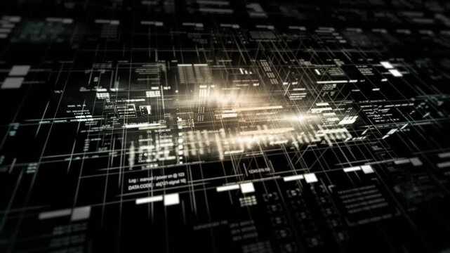 A high-tech digital grid with glowing data streams, abstract connections, and futuristic interface elements representing network systems, cybersecurity, and advanced technology.