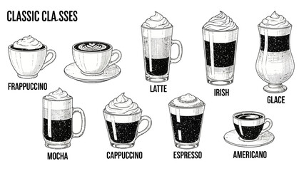 Hand-Drawn Coffee Drink Guide – Latte, Irish Coffee & Espresso Styles