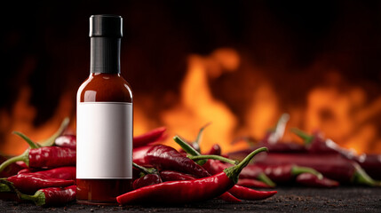 A bottle of hot sauce surrounded by red chili peppers with a fire background