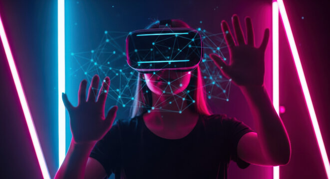 A woman wearing a VR headset is surrounded by neon lights and a digital network, immersed in a virtual reality experience. The scene is futuristic and technologically advanced. - Powered by Adobe