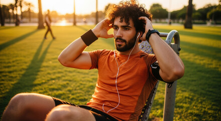 A young man with curly hair working on his abdominal muscles doing sit ups at dusk in a park on exercise equipment in an orange shirt.