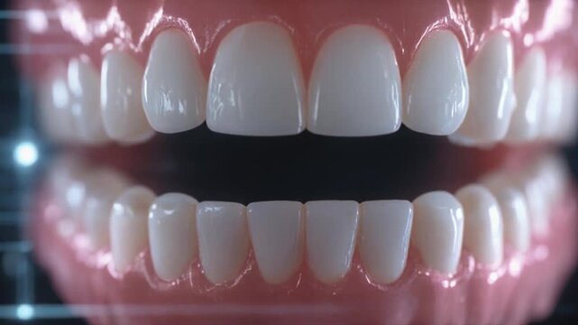 Close-up of upper and lower teeth against pink gums, bright white, in a wide bite, slightly parted