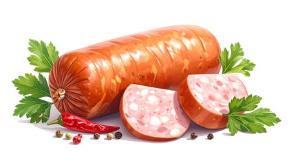 Illustration of a whole cooked sausage with two cut slices, fresh herbs, chili pepper and peppercorns on white