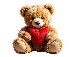 Obraz premium Cute teddy bear holding a heart, PNG transparency included.