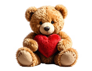 Cute teddy bear holding a heart, PNG transparency included.