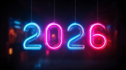 Neon glowing numbers "2026" hang in mid-air, casting blue and pink light. The background is blurred, suggestive of an urban environment