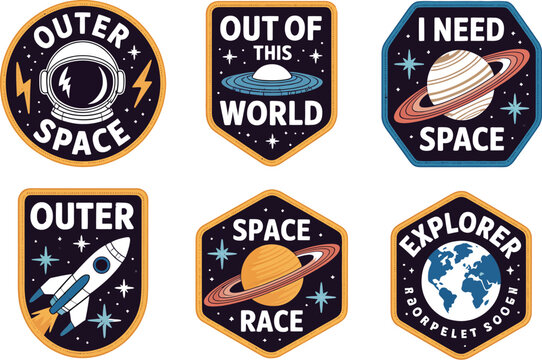 Colorful embroidered space patches with planets rockets and astronaut helmets