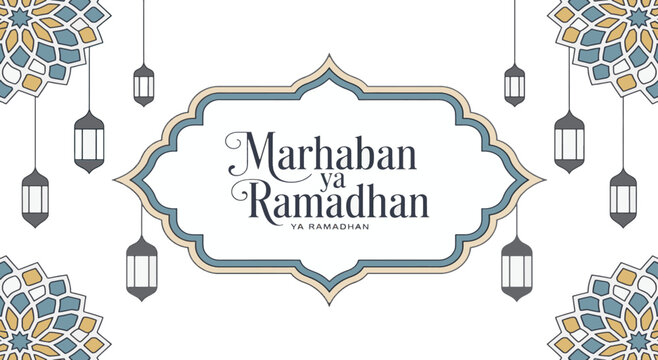 Marhaban Ya Ramadhan Greeting Card with Blue Islamic Patterns and Lanterns