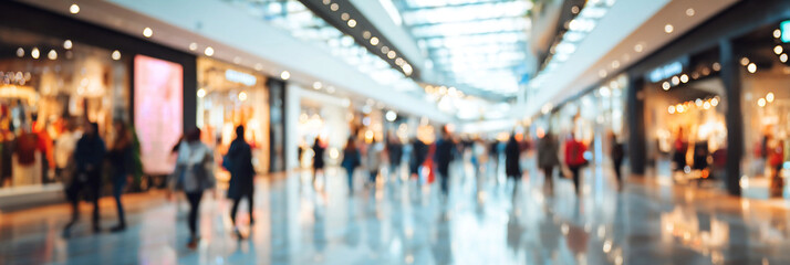 Obraz premium A blurred view of people walking through a busy shopping mall with storefronts and bright lights