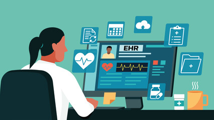 Nurse using computer with electronic health record on screen with icon in a clinical workspace environment, vector flat illustration