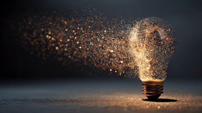 An illuminated light bulb, gradually dissolving into sparkling particles, suggesting innovation and fading ideas, against a dark backdrop