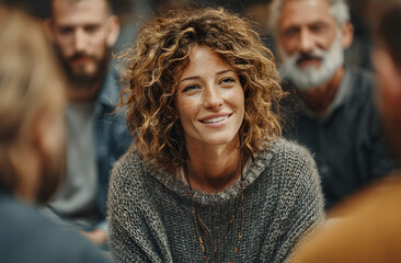 Fototapeta premium Diverse group people sitting in circle, group therapy session. Smiling black woman in center with others. Mental health care, support, recovery, discussion, communication in rehab.