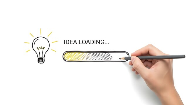 Hand drawing a progress bar illustrating the concept of an idea loading with a glowing lightbulb nearby