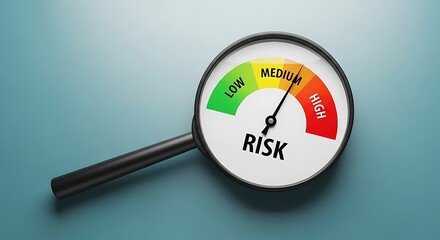 Magnifying glass focused on a risk assessment meter indicating a medium level measurement